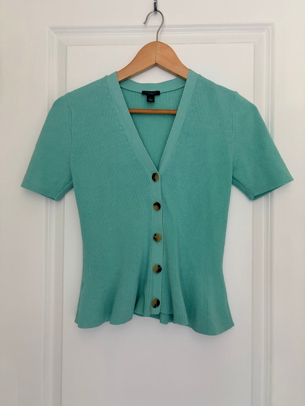 Ann Taylor Factory Mint Green Ribbed Short Sleeve Peplum Cardigan V-Neck Small